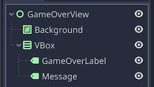 シーンドックでGameOverViewシーンのノード確認