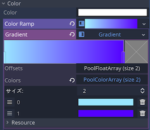 Particles2D&gt;Color Rampプロパティ