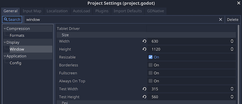 project settings - Display - Window - Size