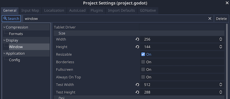 project settings - Display - Window - Size