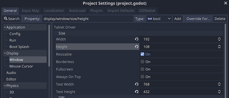 project settings - window size