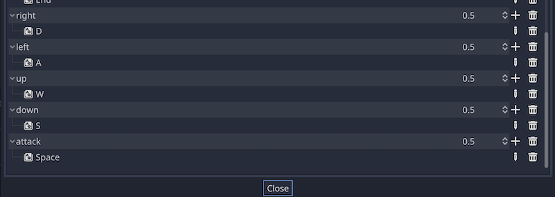 project settings - add actions to input map