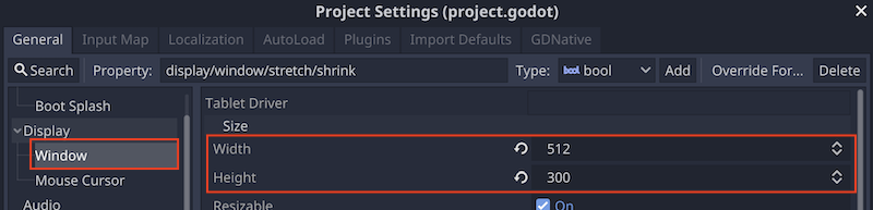 project settings - window size